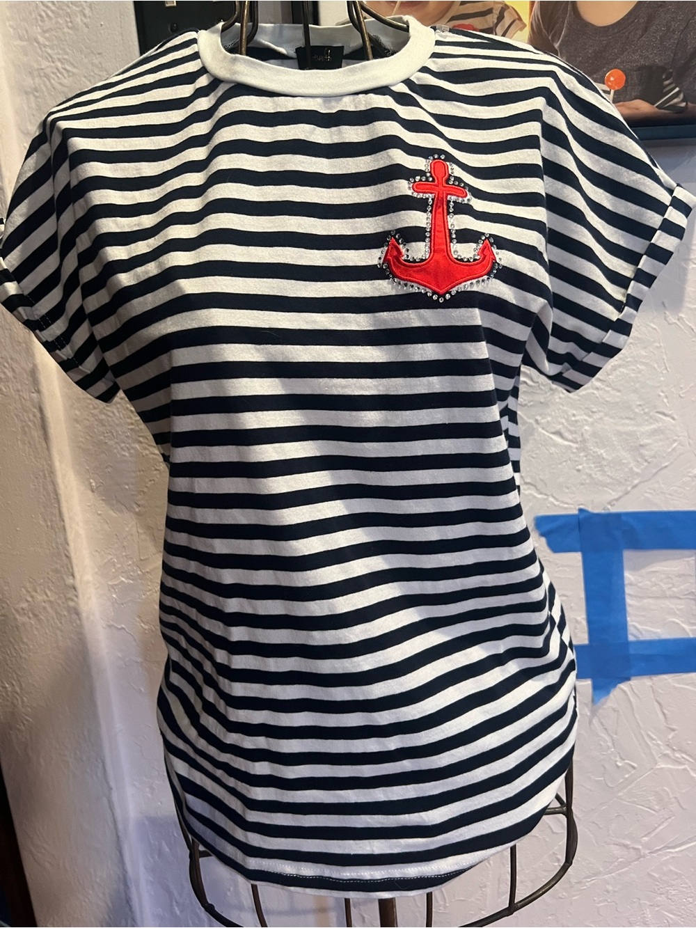 Striped Short Sleeve Tee with Red Anchor Patch